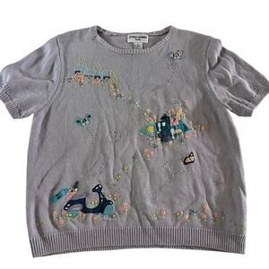 Vtg Y2K 2000s Purple Short Sleeve Embroidered Sweater Sz L Floral Cottagecore